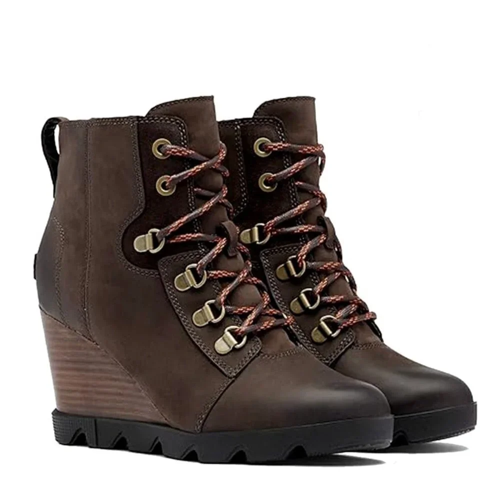 Sorel Joan Uptown Blackend Brown Nubuck Suede Wedge Lace up Boots 9.5